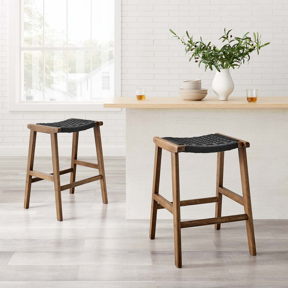 Modway Saoirse Woven Rope Wood Counter Stool - Set of 2 in Walnut Black MDY-EEI-6548-WAL-BLK