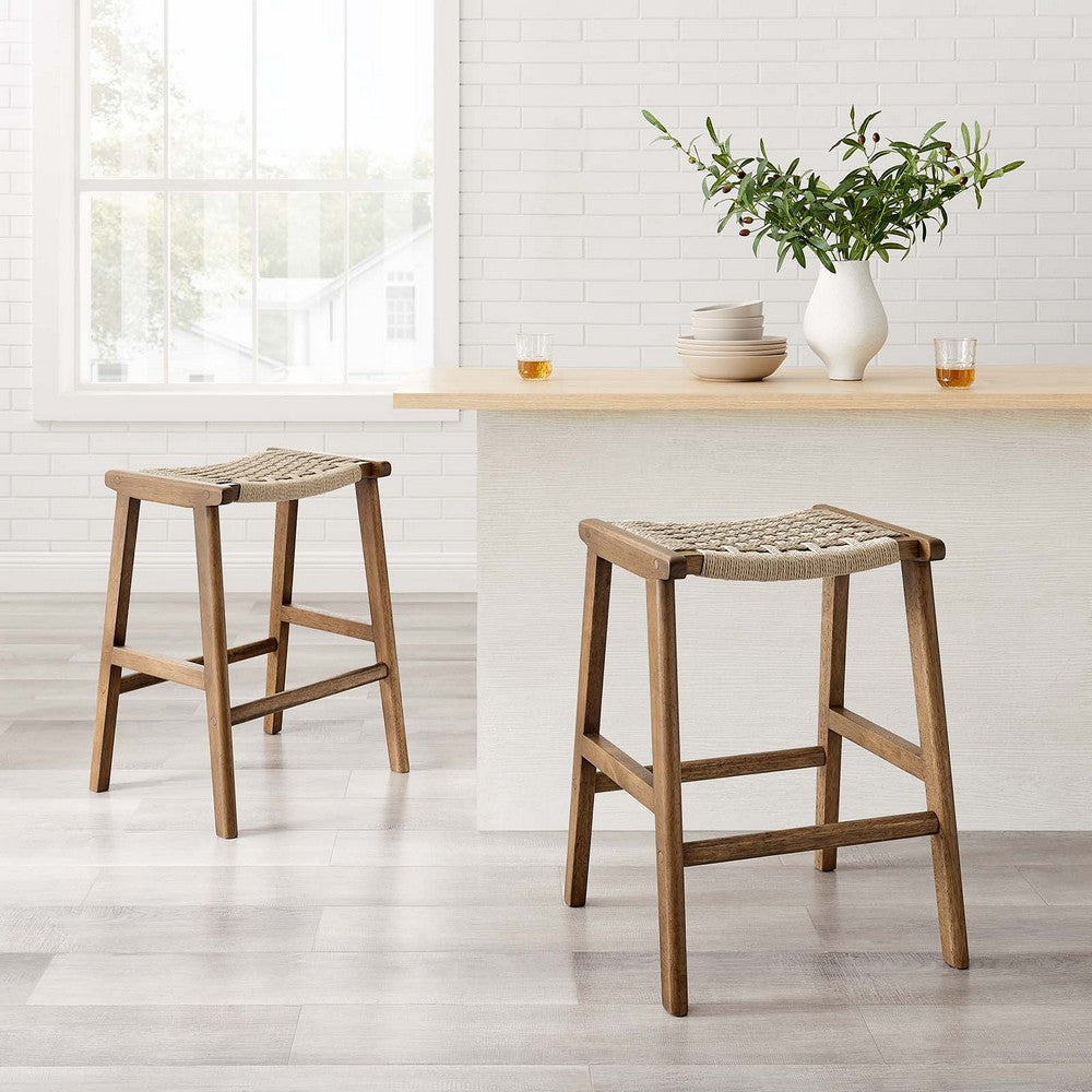 Modway Saoirse Woven Rope Wood Counter Stool - Set of 2 in Walnut Natural MDY-EEI-6548-WAL-NAT