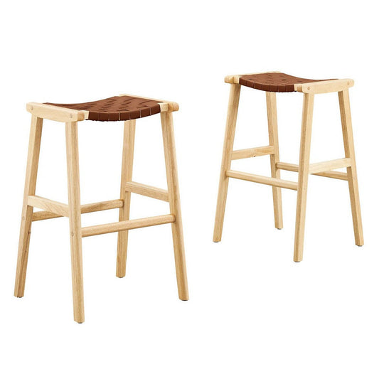 Modway Saoirse Faux Leather Wood Bar Stool - Set of 2 in Natural Brown