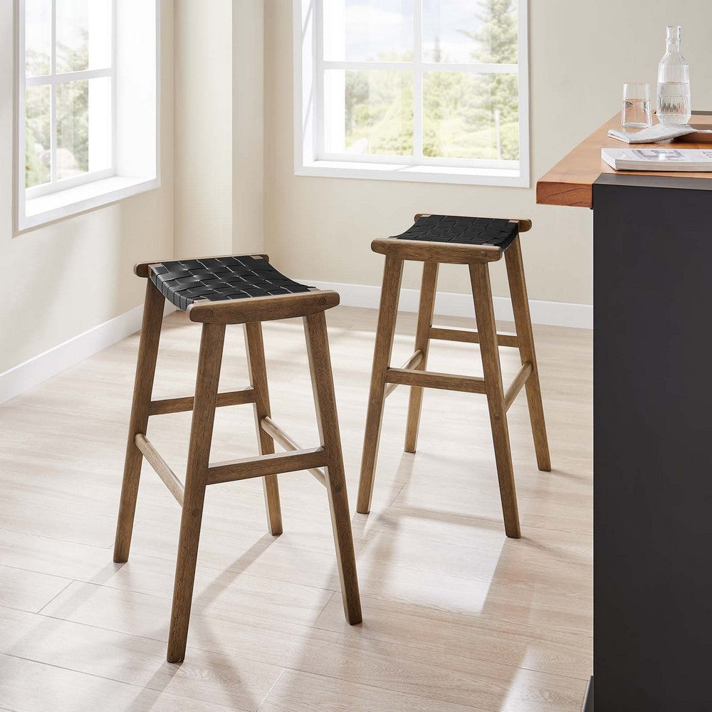 Modway Saoirse Faux Leather Wood Bar Stool - Set of 2 in Walnut Black MDY-EEI-6549-WAL-BLK