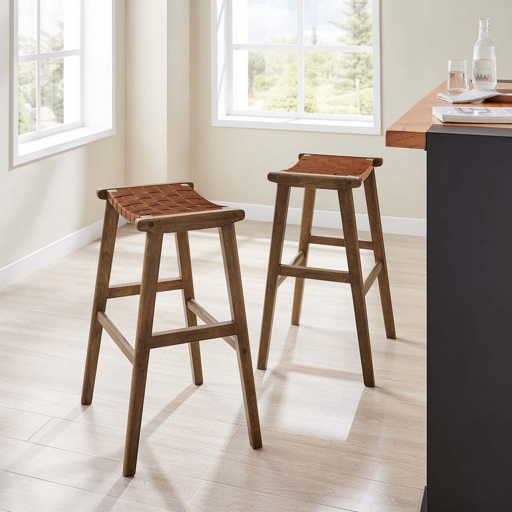 Modway Saoirse Faux Leather Wood Bar Stool - Set of 2 in Walnut Brown MDY-EEI-6549-WAL-BRN