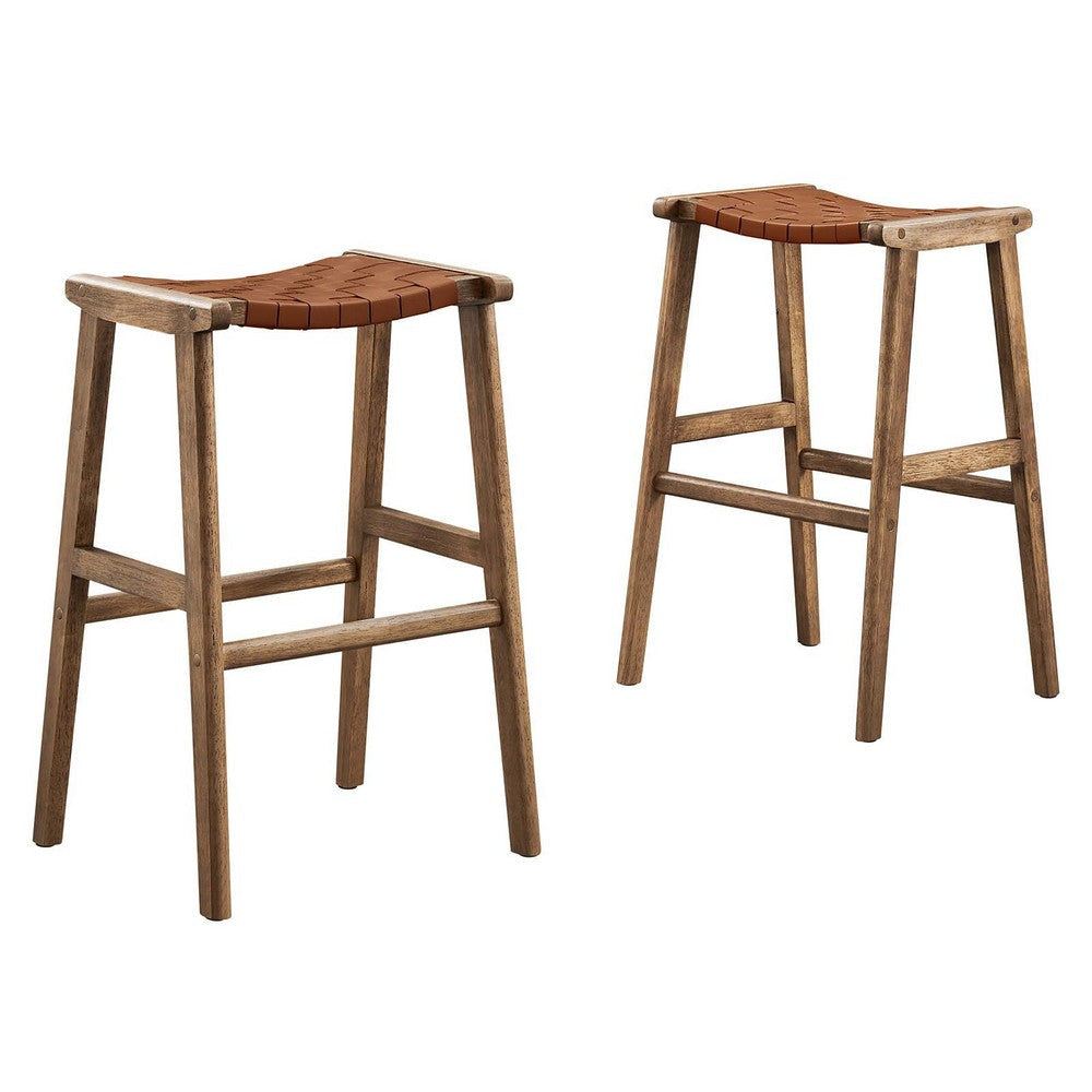 Modway Saoirse Faux Leather Wood Bar Stool - Set of 2 in Walnut Brown