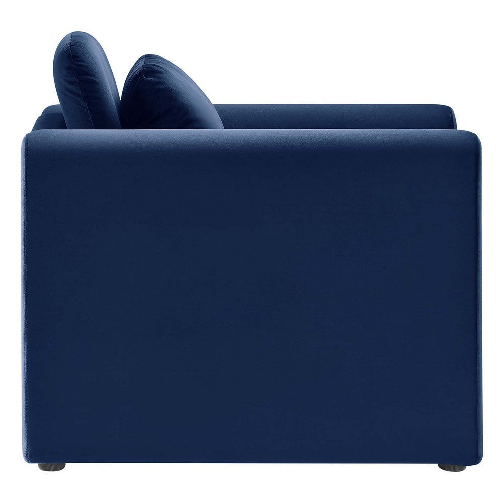 Modway Waverly Performance Velvet Living Room Accent Armchair in Midnight Blue-Unique Wavy Design Stain-Resistant Upholstery