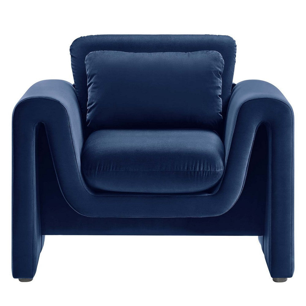 Modway Waverly Performance Velvet Living Room Accent Armchair in Midnight Blue-Unique Wavy Design Stain-Resistant Upholstery