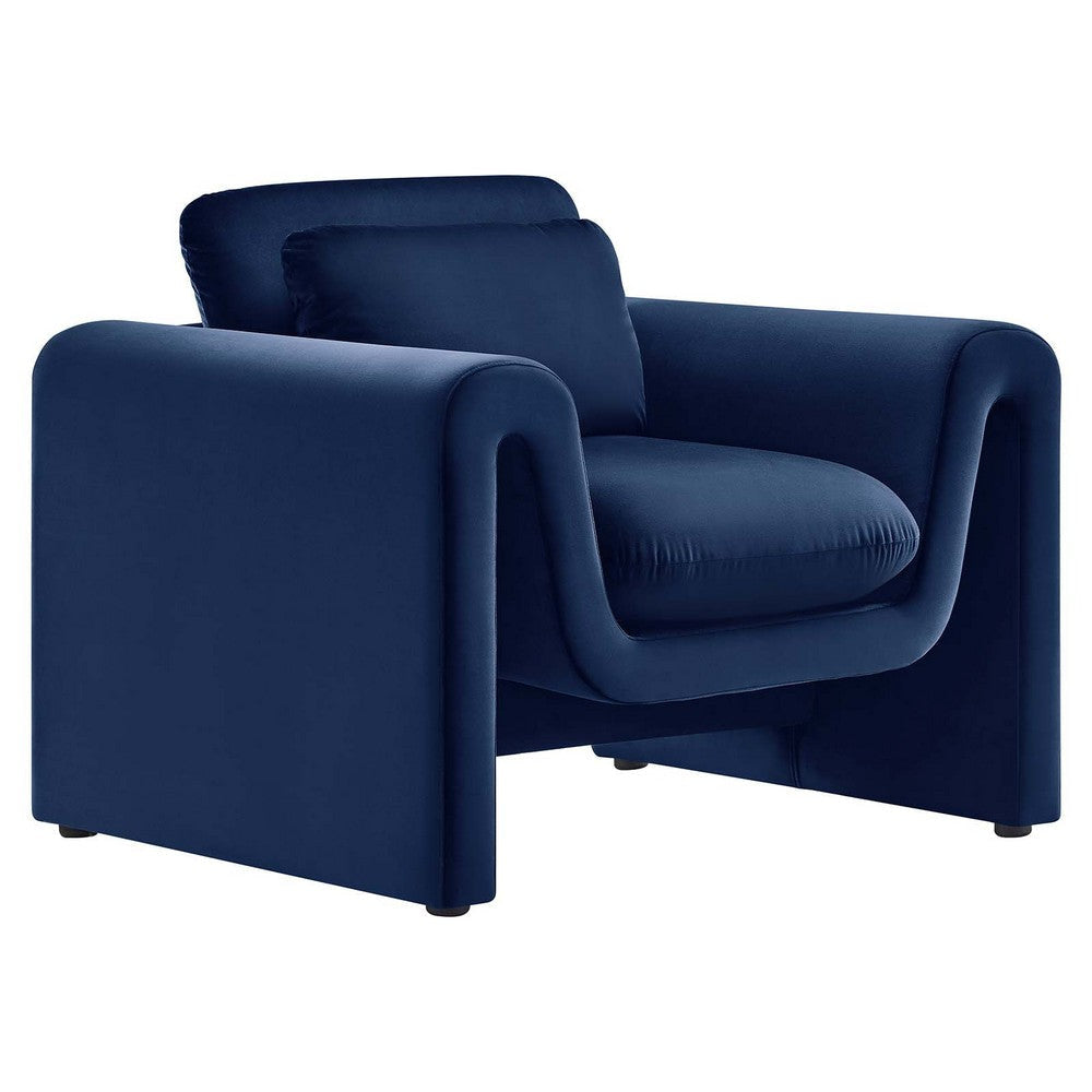 Modway Waverly Performance Velvet Living Room Accent Armchair in Midnight Blue-Unique Wavy Design, Stain-Resistant Upholstery