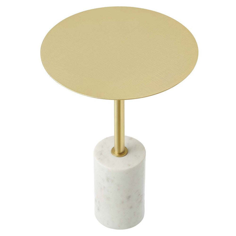 Modway EEI-6605-WHI-BRA Lyric Brass Round Side Sofa End Table White Marble Base MDY-EEI-6605-WHI-BRA