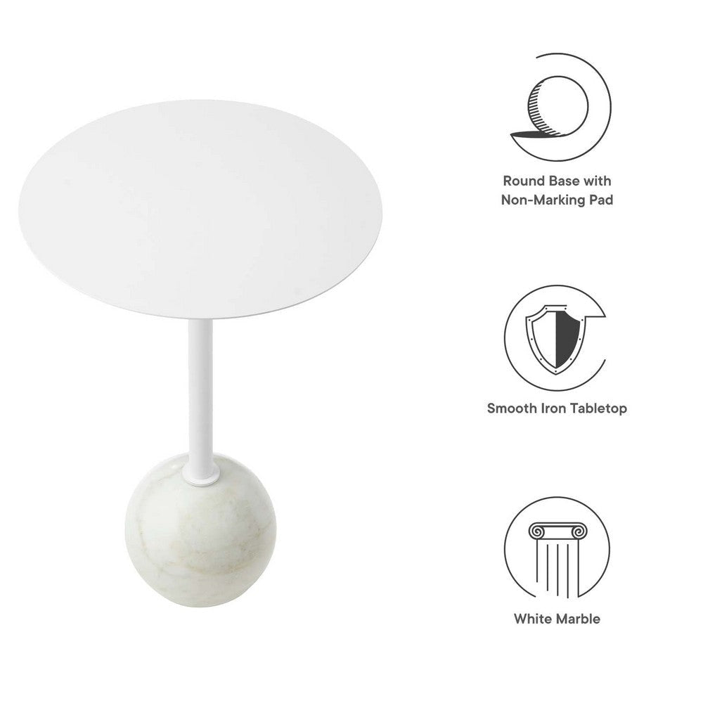 Modway EEI-6606-WHI-WHI Aliza Acacia Wood White Round Side Living Room End Table Marble Base MDY-EEI-6606-WHI-WHI