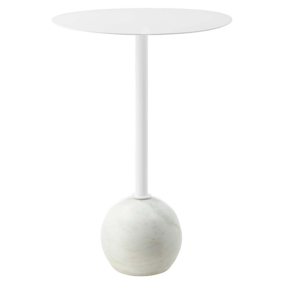 Modway EEI-6606-WHI-WHI Aliza Acacia Wood White Round Side Living Room End Table Marble Base