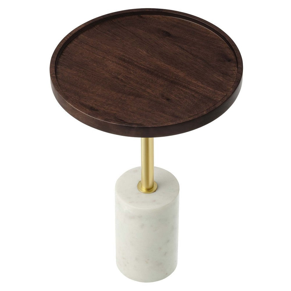 Modway EEI-6607-WHI-WAC Amina White Walnut Round Acacia Wood Side Table for Living Room Marble Base MDY-EEI-6607-WHI-WAC