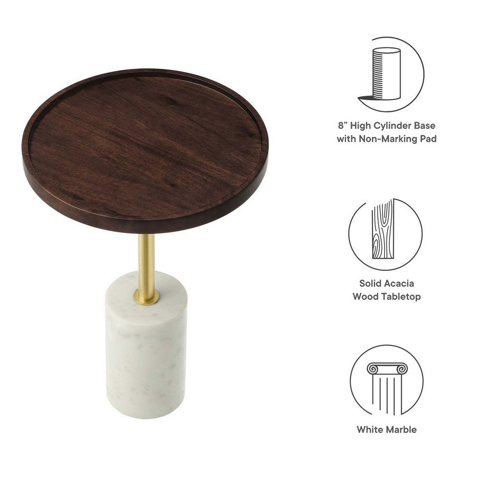 Modway EEI-6607-WHI-WAC Amina White Walnut Round Acacia Wood Side Table for Living Room Marble Base MDY-EEI-6607-WHI-WAC