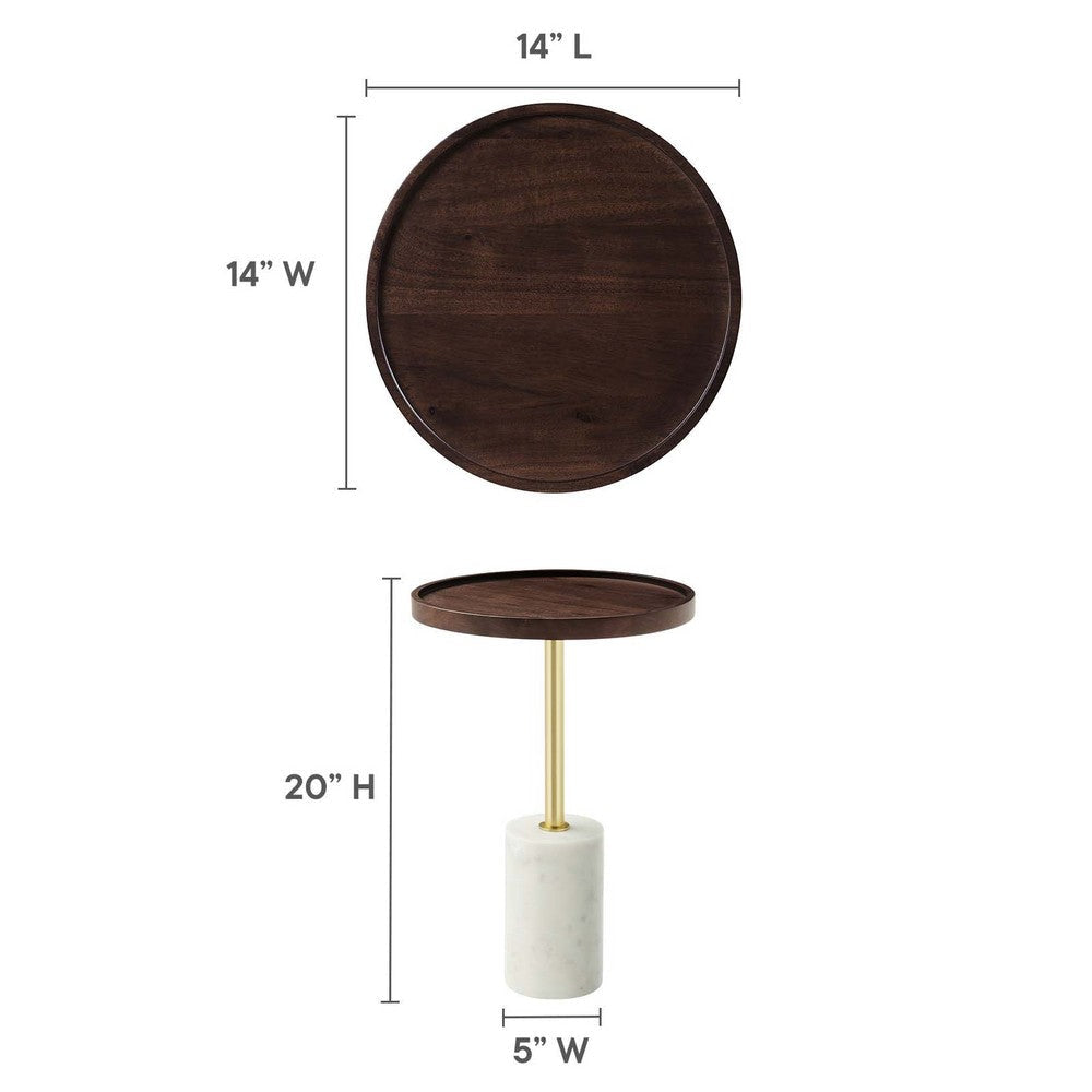 Modway EEI-6607-WHI-WAC Amina White Walnut Round Acacia Wood Side Table for Living Room Marble Base MDY-EEI-6607-WHI-WAC