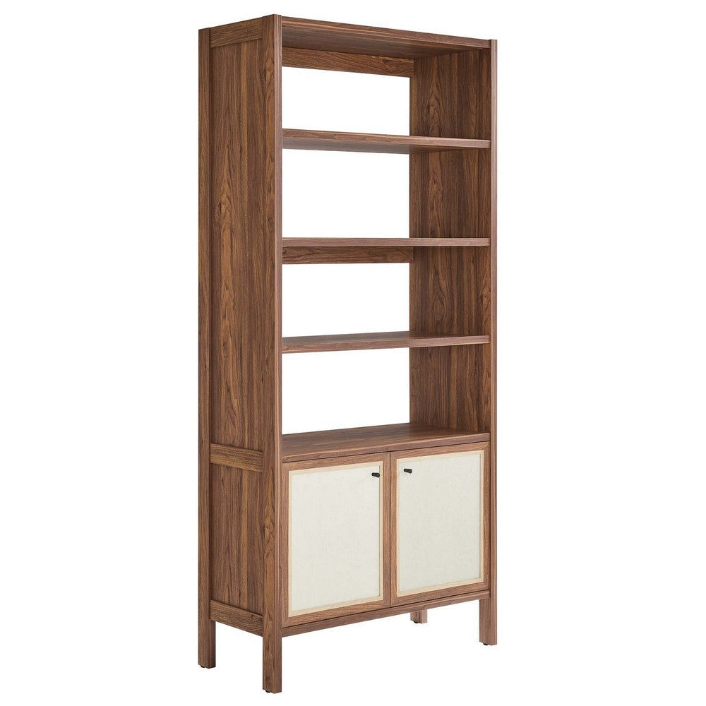 Modway Capri 4-Shelf Mid-Century Modern Bookcase with Storage in Walnut, Tall Open Shelves Bookcase for Living Room or Office Furniture, Bookshelf with Storage Cabinet