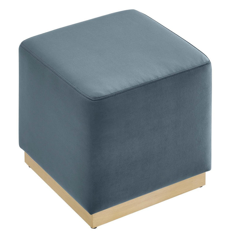 Modway Tilden 17 Inch Square Performance Velvet Upholstered Ottoman in Cadet Blue Natural - Small Ottoman Foot Rest with Rubberwood Plinth