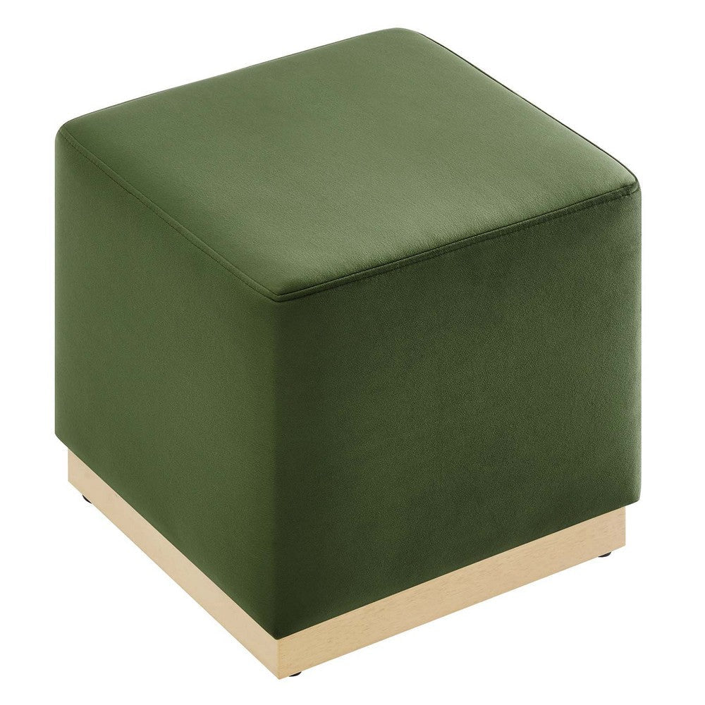 Modway Tilden 17 Inch Square Performance Velvet Upholstered Ottoman in Moss Green Natural - Small Ottoman Foot Rest with Rubberwood Plinth