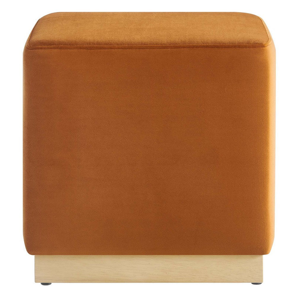 Modway Tilden 17 Inch Square Performance Velvet Upholstered Ottoman in Rust Natural - Small Ottoman Foot Rest with Rubberwood Plinth Base