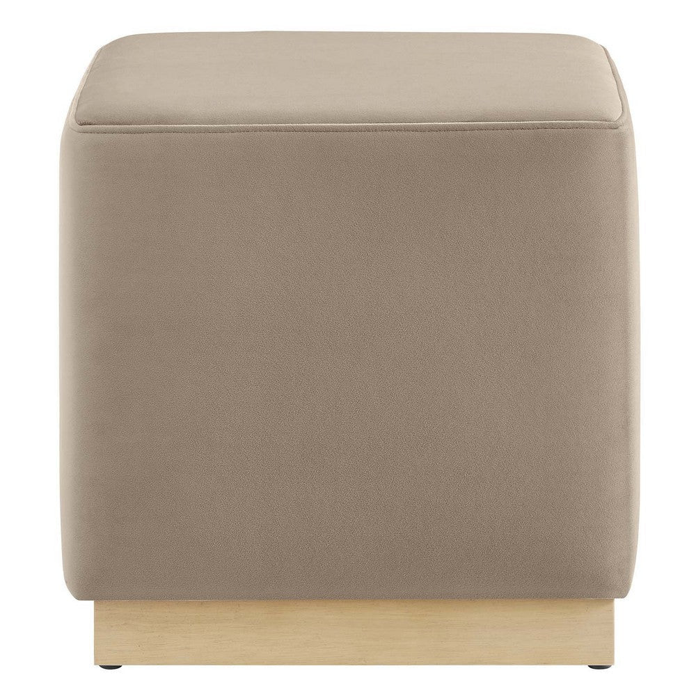 Modway Tilden 17 Inch Square Performance Velvet Upholstered Ottoman in Taupe Natural - Small Ottoman Foot Rest with Rubberwood Plinth Base