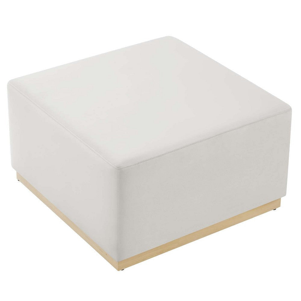 Modway Tilden 28 Inch Square Performance Velvet Upholstered Ottoman in Alabaster Natural - Large Ottoman Foot Rest with Rubberwood Plinth