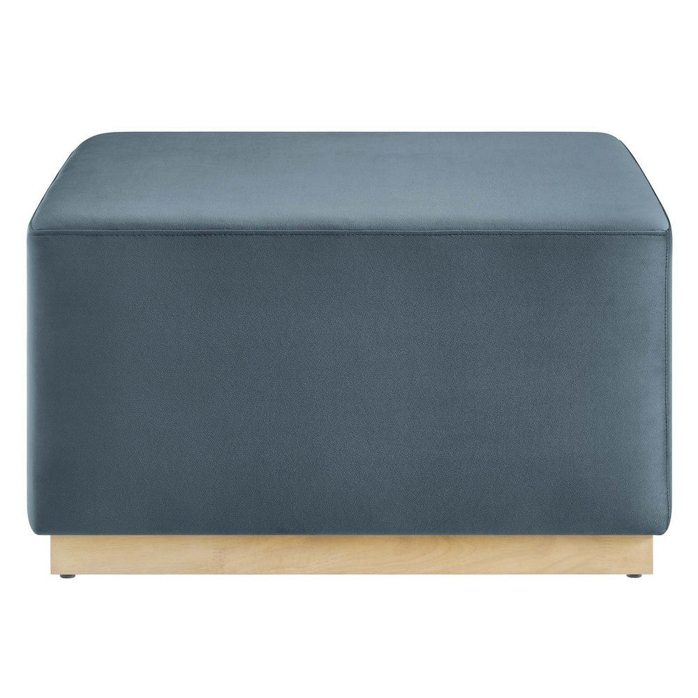 Modway Tilden 28 Inch Square Performance Velvet Upholstered Ottoman in Cadet Blue Natural - Large Ottoman Foot Rest with Rubberwood Plinth