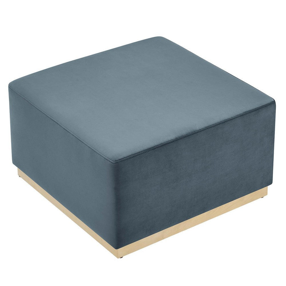 Modway Tilden 28 Inch Square Performance Velvet Upholstered Ottoman in Cadet Blue Natural - Large Ottoman Foot Rest with Rubberwood Plinth