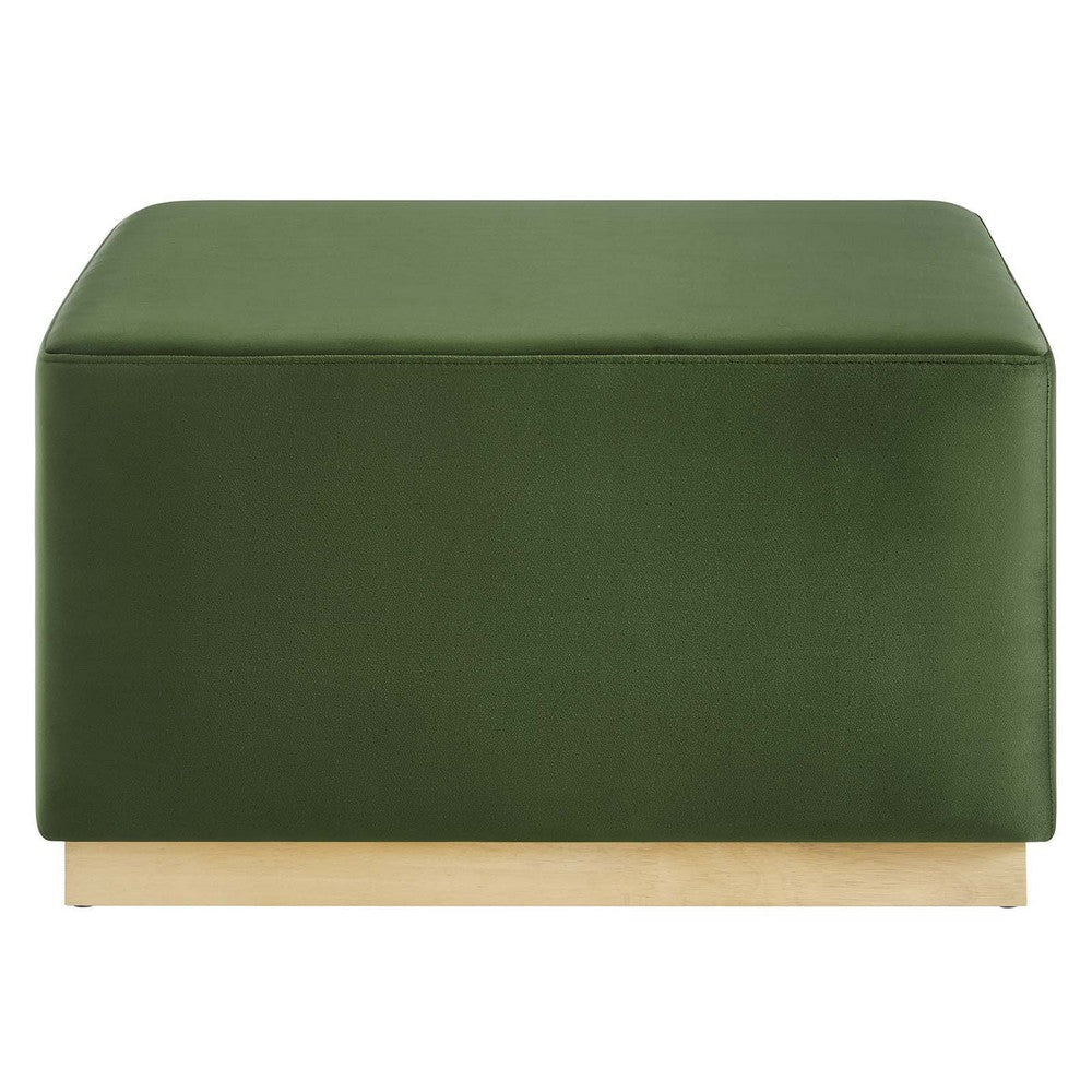 Modway Tilden 28 Inch Square Performance Velvet Upholstered Ottoman in Moss Green Natural - Large Ottoman Foot Rest with Rubberwood Plinth