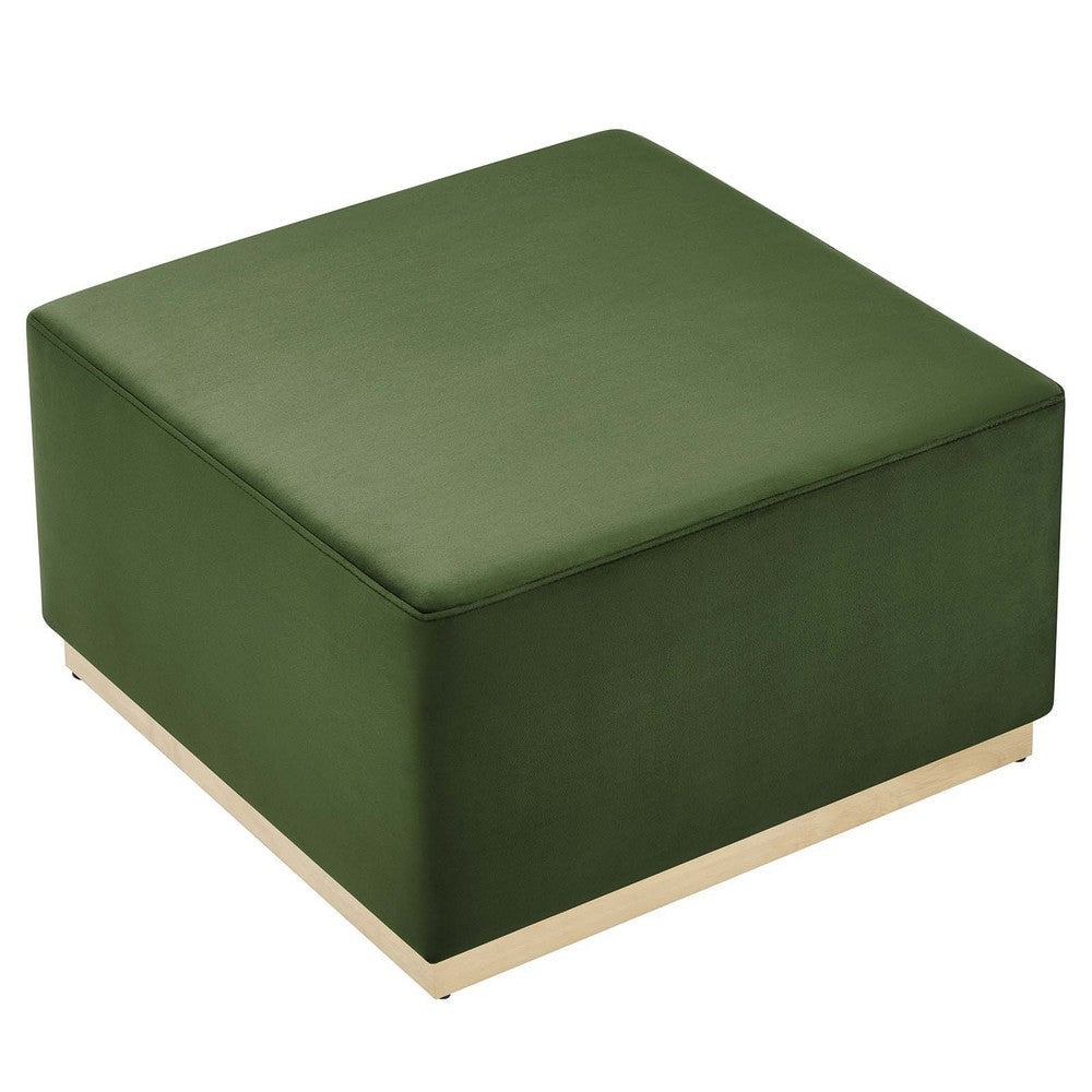 Modway Tilden 28 Inch Square Performance Velvet Upholstered Ottoman in Moss Green Natural - Large Ottoman Foot Rest with Rubberwood Plinth