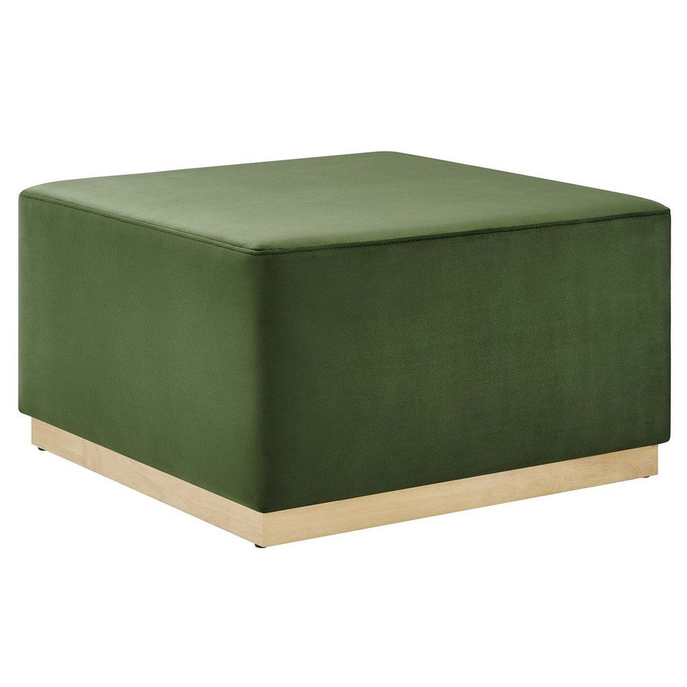 Modway Tilden 28 Inch Square Performance Velvet Upholstered Ottoman in Moss Green Natural - Large Ottoman Foot Rest with Rubberwood Plinth Base, Living Room Ottoman Coffee Table - Velvet Ottoman Table