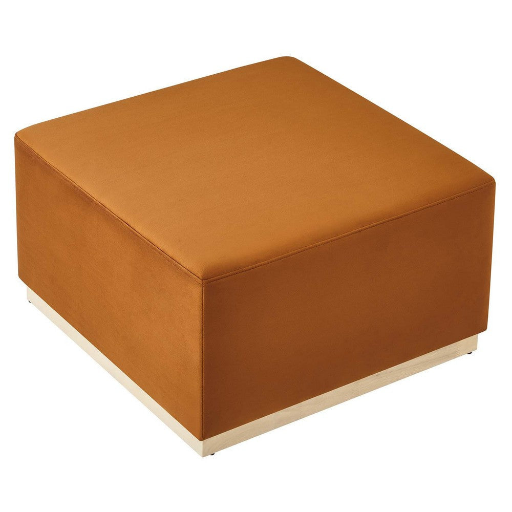 Modway Tilden 28 Inch Square Performance Velvet Upholstered Ottoman in Rust Natural - Large Ottoman Foot Rest with Rubberwood Plinth Base