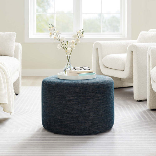 Modway Callum 23 Inch Round Ottoman in Heathered Weave Azure, Woven Heathered Fabric - Ottoman Side Table, Small Ottoman Coffee Table - Accent Table or Footrest Ottoman