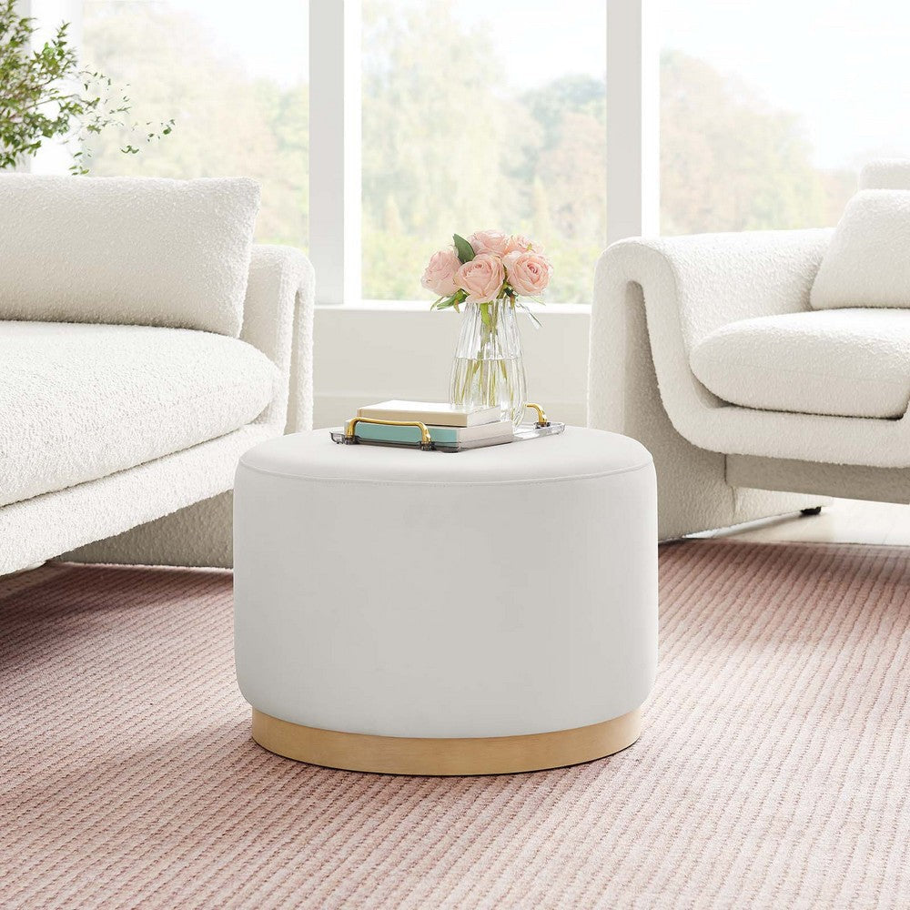 Modway Tilden 23 Inch Round Performance Velvet Upholstered Ottoman in Alabaster Natural - Round Ottoman Foot Rest with Rubberwood Plinth Base - Living Room Ottoman Side Table or Ottoman Coffee Table