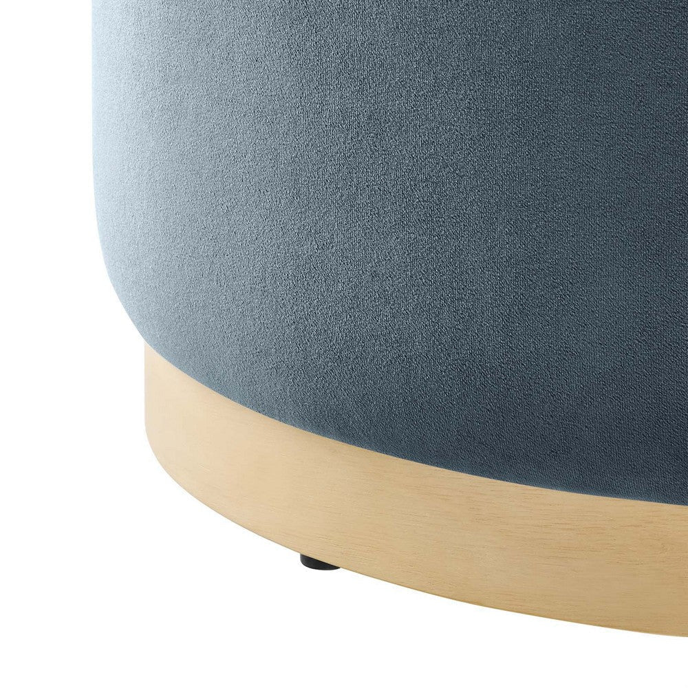 Modway Tilden 23 Inch Round Performance Velvet Upholstered Ottoman in Cadet Blue Natural - Round Ottoman Foot Rest with Rubberwood Plinth