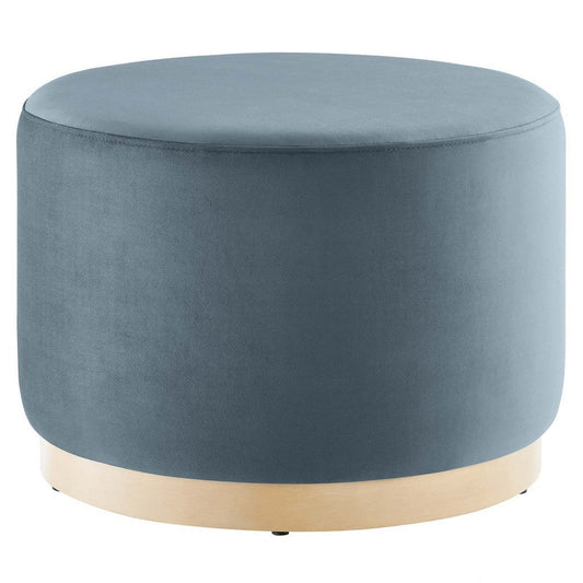 Modway Tilden 23 Inch Round Performance Velvet Upholstered Ottoman in Cadet Blue Natural - Round Ottoman Foot Rest with Rubberwood Plinth Base - Living Room Ottoman Side Table or Ottoman Coffee Table