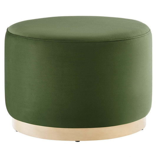 Modway Tilden 23 Inch Round Performance Velvet Upholstered Ottoman in Moss Green Natural - Round Ottoman Foot Rest with Rubberwood Plinth Base - Living Room Ottoman Side Table or Ottoman Coffee Table