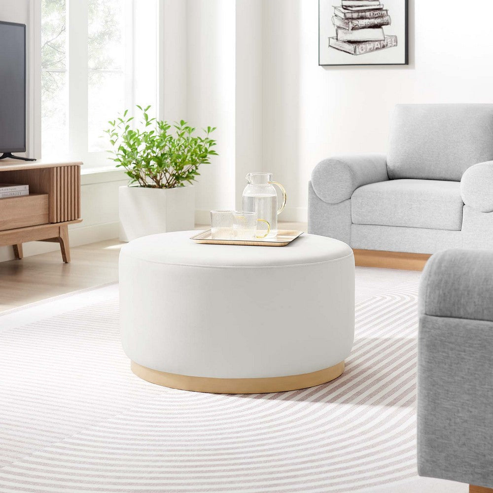 Modway Tilden 29 Inch Round Performance Velvet Upholstered Ottoman in Alabaster Natural - Round Ottoman Coffee Table for Living Room - Large Ottoman Foot Rest with Rubberwood Plinth Base