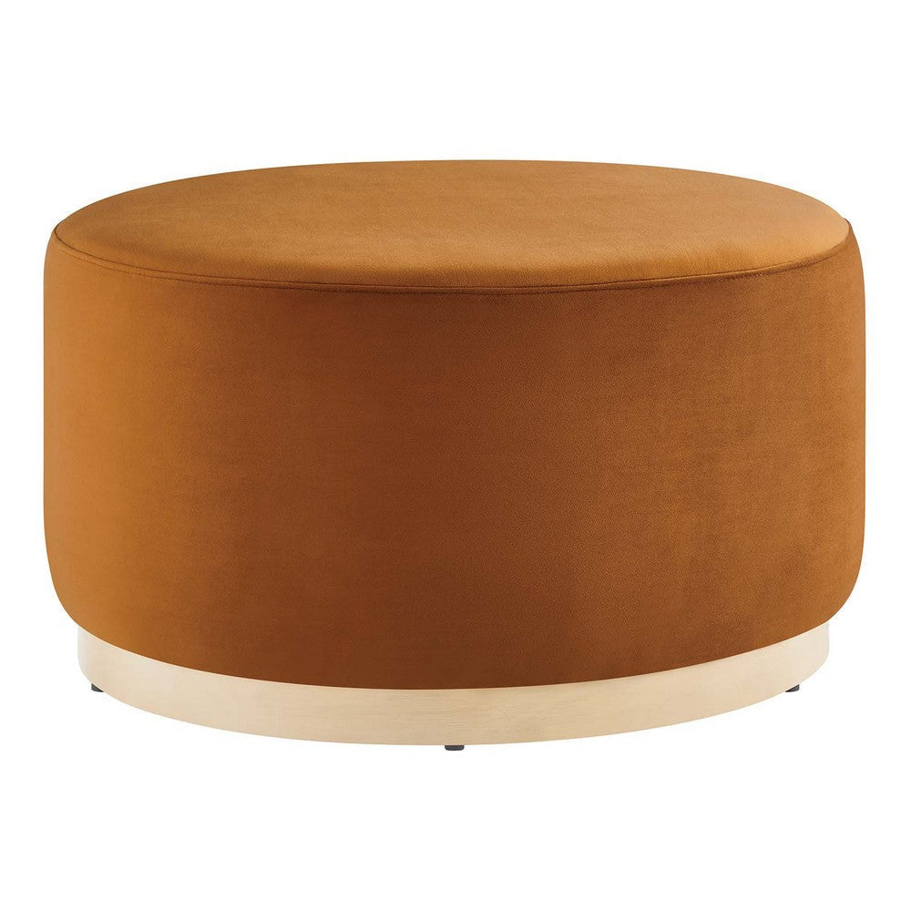 Modway Tilden 29 Inch Round Performance Velvet Upholstered Ottoman in Rust Natural - Round Ottoman Coffee Table for Living Room - Large Ottoman Foot Rest with Rubberwood Plinth Base