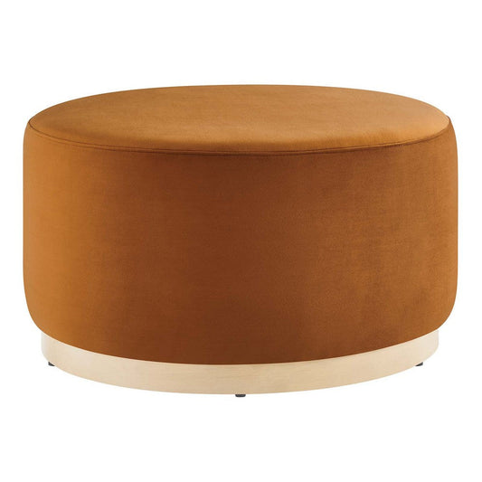 Modway Tilden 29 Inch Round Performance Velvet Upholstered Ottoman in Rust Natural - Round Ottoman Coffee Table for Living Room - Large Ottoman Foot Rest with Rubberwood Plinth Base