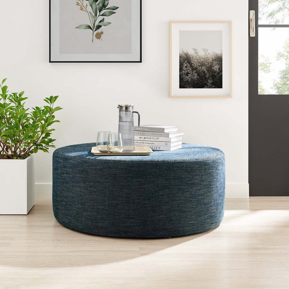 Modway Callum 38 Inch Round Ottoman in Heathered Weave Azure - Heathered Woven Fabric - Versatile Upholstered Coffee Table and Footrest - Couch Ottoman - Living Room Accent Table