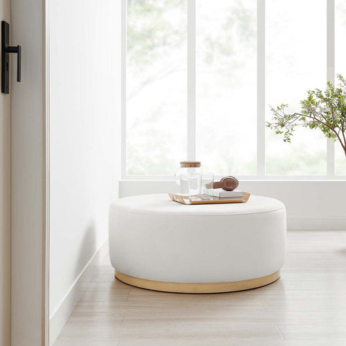 Modway Tilden 38 Inch Round Performance Velvet Upholstered Ottoman in Alabaster Natural - Round Ottoman Coffee Table for Living Room, Large Ottoman Foot Rest with Rubberwood Plinth Base