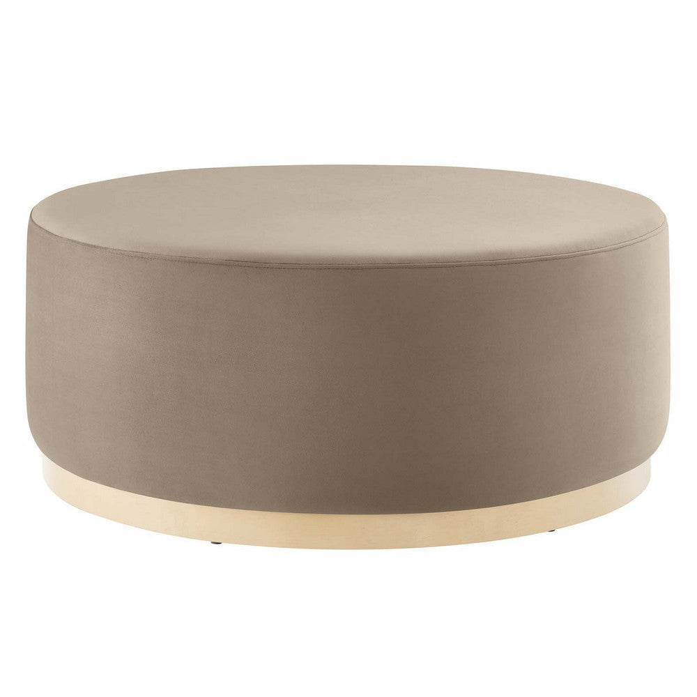 Modway Tilden 38 Inch Round Performance Velvet Upholstered Ottoman in Taupe Natural - Round Ottoman Coffee Table for Living Room, Large Ottoman Foot Rest with Rubberwood Plinth Base