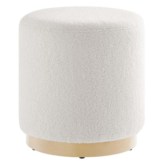 Modway Tilden 16 Inch Round Soft Sherpa Fabric Upholstered Ottoman in Ivory Natural - Small Ottoman Foot Rest with Rubberwood Plinth Base - Living Room Ottoman Side Table - Sherpa Ottoman Footstool