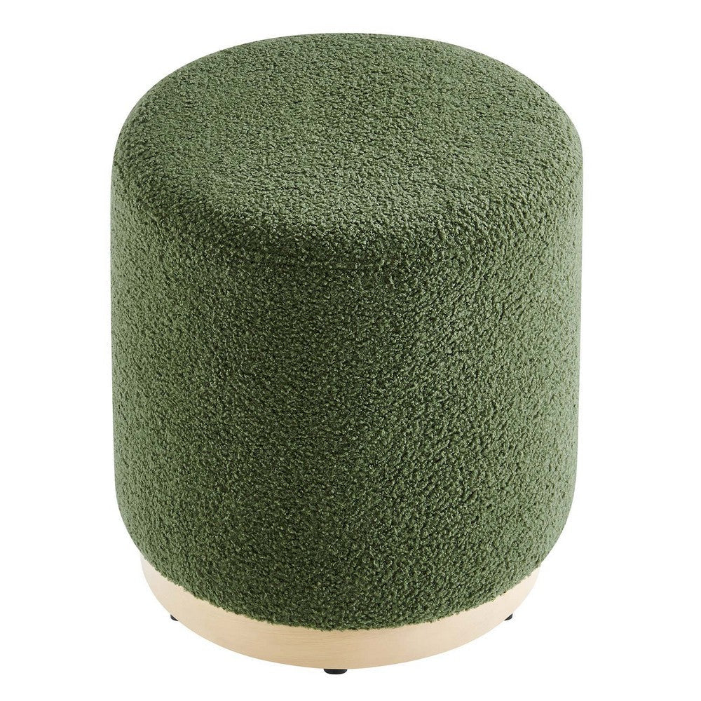 Modway Tilden 16 Inch Round Soft Sherpa Fabric Upholstered Ottoman in Moss Green Natural - Small Ottoman Foot Rest with Rubberwood Plinth