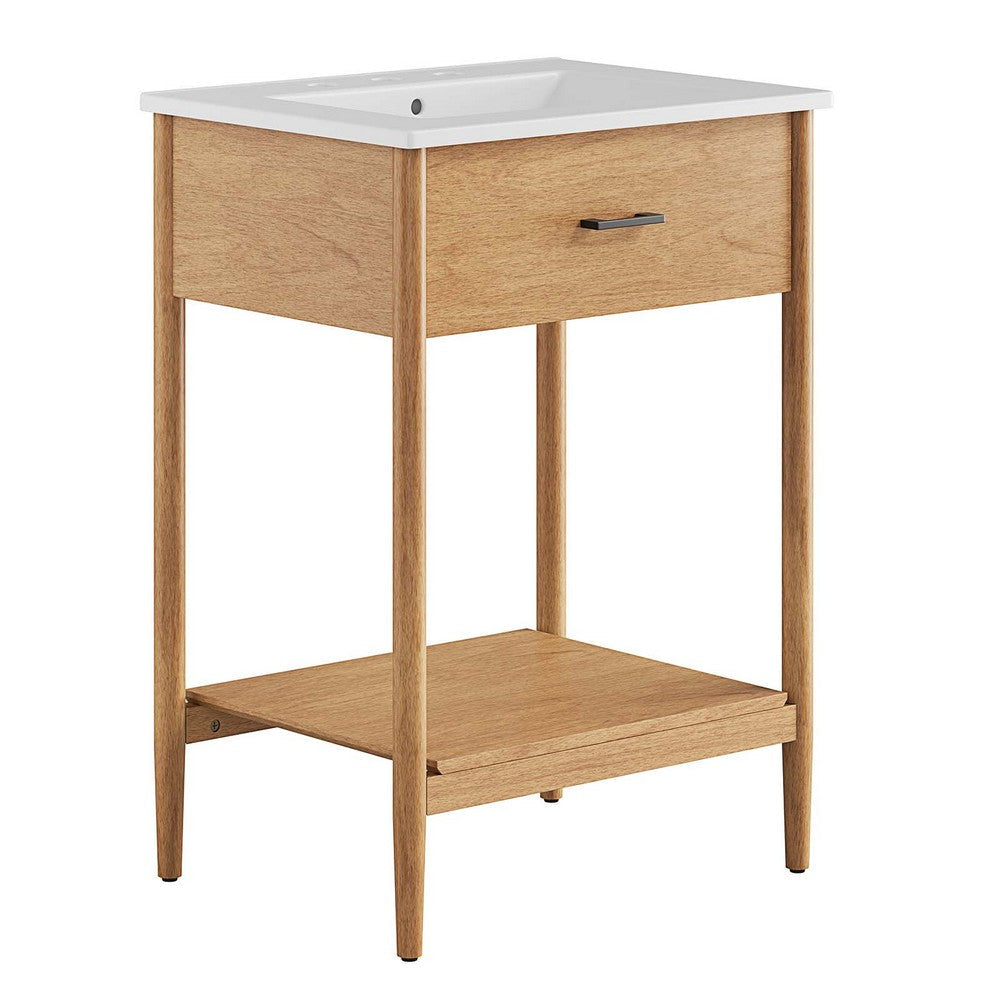 Modway Zaire 24â€ Mid-Century Bathroom Vanity Washstand in Natural White with Ceramic Sink Basin, 24 Inches