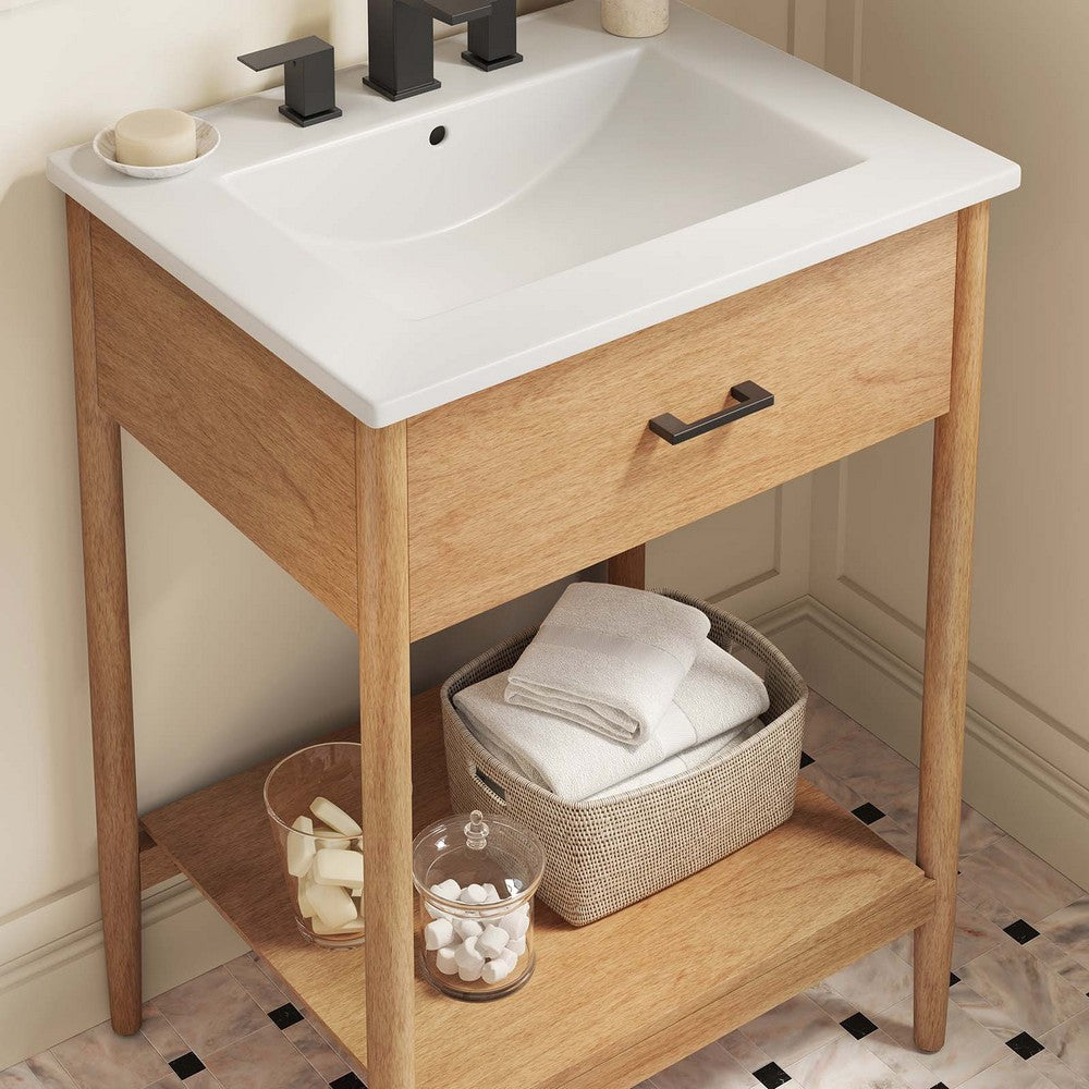 Modway Zaire 24” Mid-Century Bathroom Vanity Washstand in Natural White with Ceramic Sink Basin 24 Inches MDY-EEI-6660-NAT-WHI