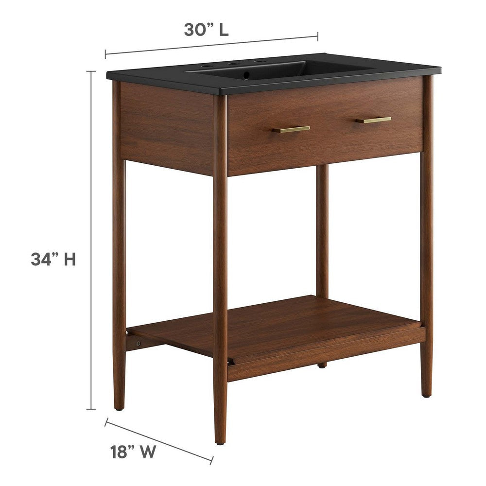 Modway Zaire 30” Mid-Century Bathroom Vanity Washstand in Walnut Black with Ceramic Sink Basin 30 Inches MDY-EEI-6663-WAL-BLK