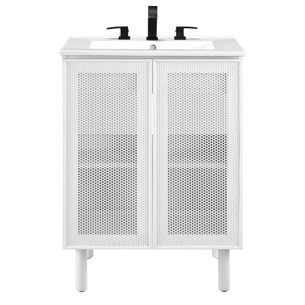 Modway Calla 24 Inch Single Combo White Compact Small Space Cabinet with Storage and Perforated Metal Doors Modern Freestanding Bathroom