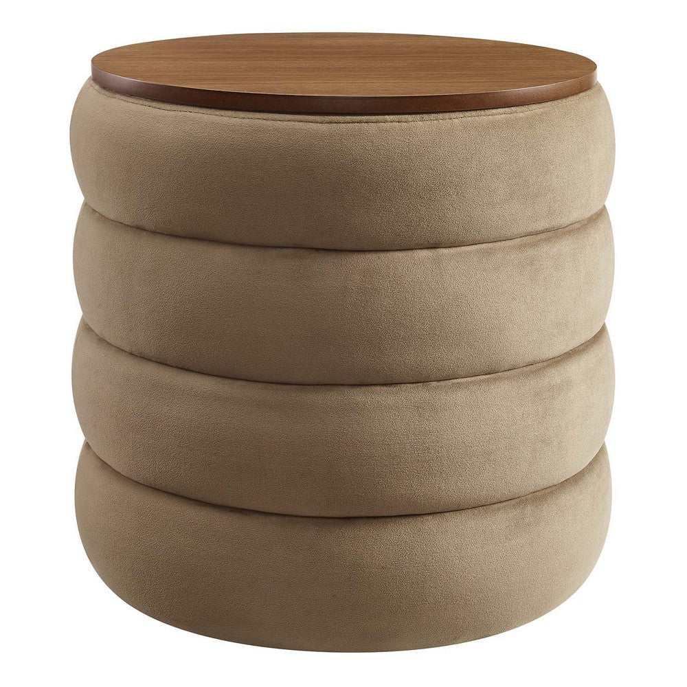 Modway Mezzo Round Performance Velvet Storage Ottoman Stool in Taupe - Channel Tufted Ottoman - Upholstered Footrest - Versatile End or Side Table with Storage