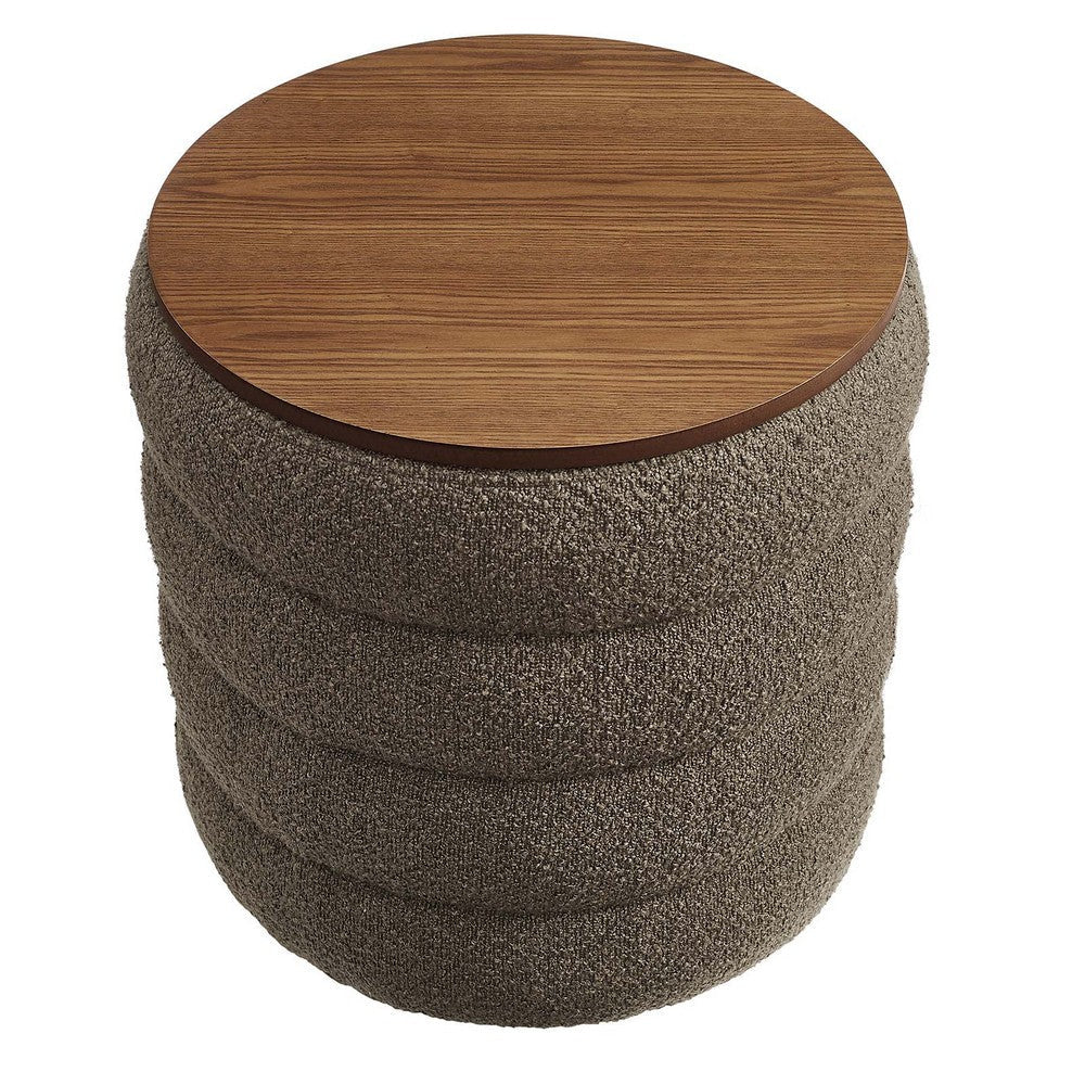 Modway Mezzo Round Boucle Fabric Storage Ottoman Stool in Pebble - Channel Tufted Ottoman - Upholstered Footrest - Versatile End or Side