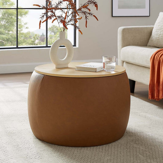 Modway Perla 26 Inch Round Storage Ottoman with Tray Lid in Tan - Vegan Leather Ottoman - Versatile Footrest - Coffee Table - Faux Leather Side Table - Hidden Storage Compartment for Living Room