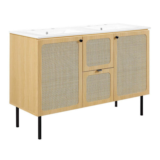 Modway Chaucer 48 Bathroom Vanity in Oak White with Dual Ceramic Sink Basin, 48 Inches Double