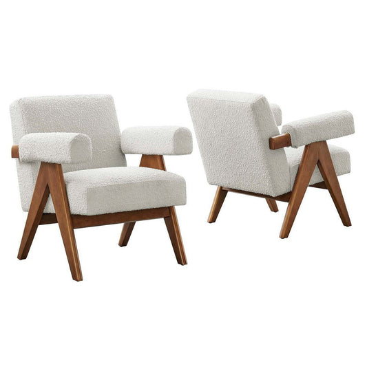 Modway Lyra Living Room Modern Accent Lounge Chair with Boucle Fabric in Ivory-Set of 2