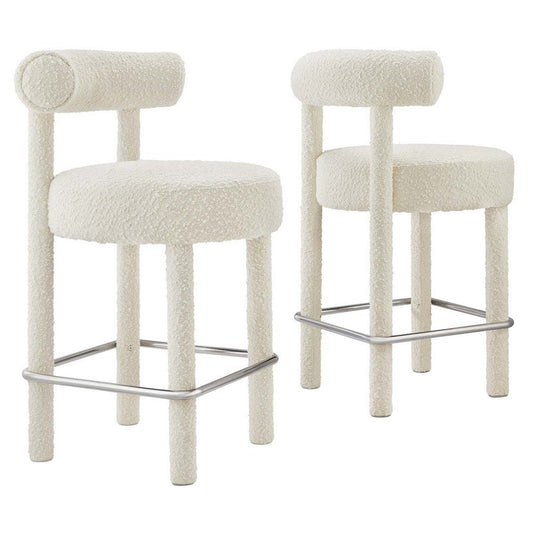 Modway EEI-6707-IVO-SLV Toulouse Boucle Fabric Counter Stool - Set of 2, Ivory Silver